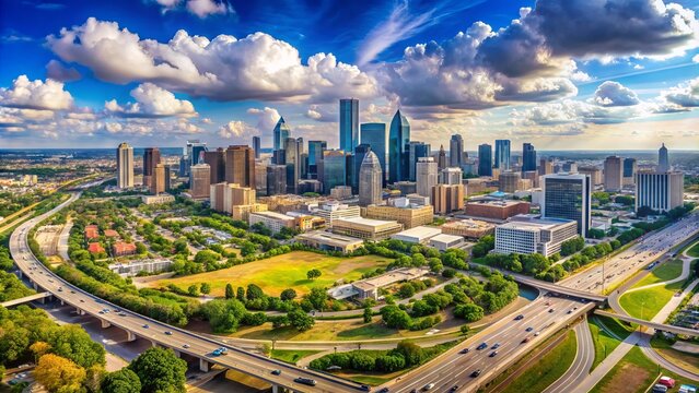 Panoramic aerial view of Dallas, Texas, showcasing the modern cityscape, skyscrapers, and downtown area surrounded by highways and lush green forests.