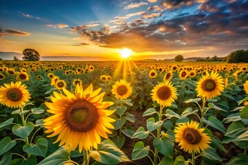 Obraz premium Big sunflower field glowing at sunset