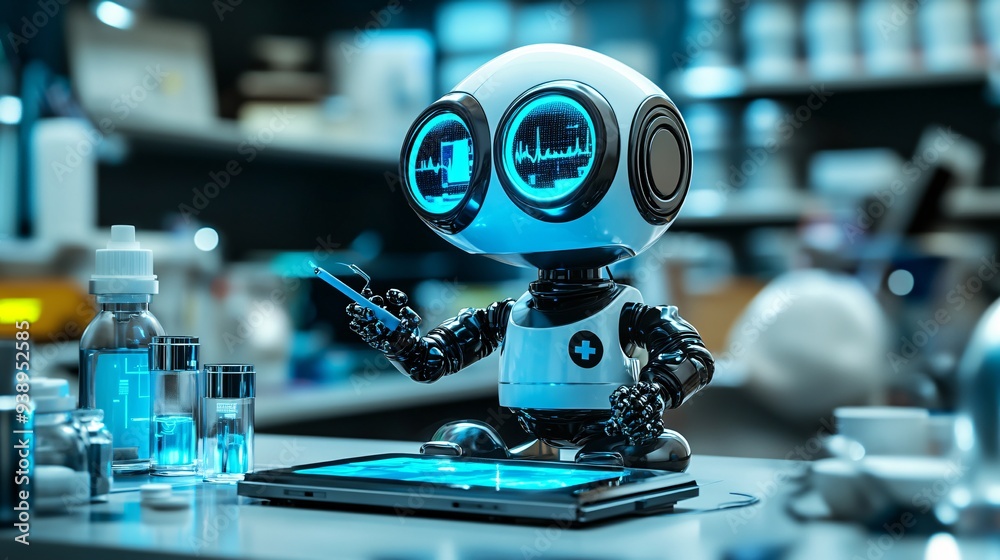 Poster a medical robot dressed as a doctor using advanced diagnostic tools during a patient consultation in