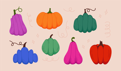 Colorful hand drawn pumpkin set. Thanksgiving and Halloween vector elements.