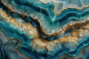 Agate rock features vibrant blue and gold patterns with unique crystal formations throughout its surface