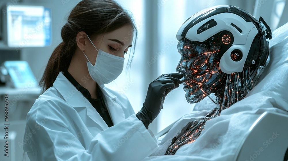 Aufkleber A robotic medical assistant in a white coat performing a check-up on a patient in a futuristic healthcare setting emphasizing the role of robotics in personalized medical care Stock Photo with copy