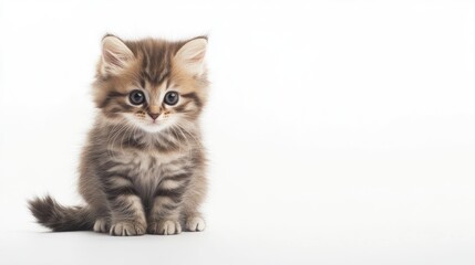 A small, fluffy kitten sitting with its tail curled around its body on a white background, with copy space available.