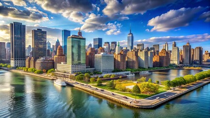 Naklejka premium Panoramic view of Long Island City's vibrant waterfront, featuring gleaming skyscrapers, bustling streets, and the iconic Manhattan skyline across the East River.
