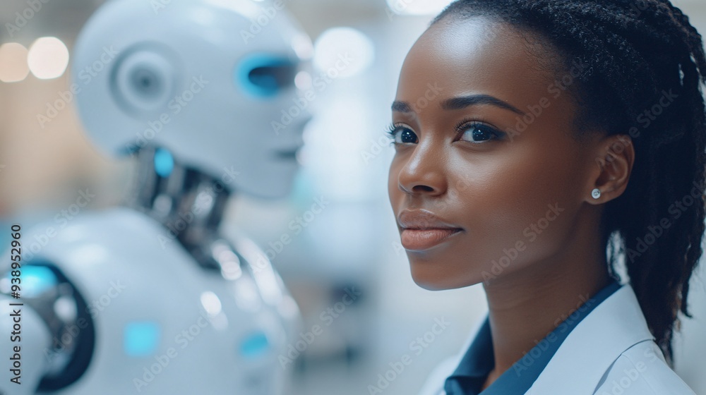 Aufkleber a medical assistant android in a doctor outfit interacting with a patient in a cutting-edge clinic s