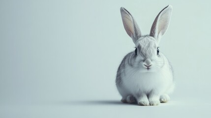 Fototapeta premium A small rabbit with long ears sitting on a white background, with space for text or branding.