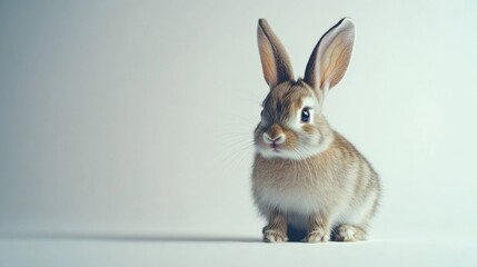 Fototapeta premium A small rabbit with long ears sitting on a white background, with space for text or branding.