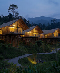 eco-resort constructed with bamboo and local materials, set against a backdrop of mountains