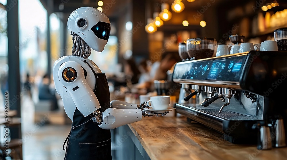 Poster a robotic barista in a stylish apron serving coffee to customers in a trendy cafe representing the f