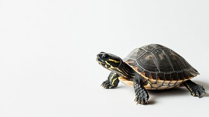 Obraz premium A small turtle crawling on a white background, with lots of copy space available for text or branding