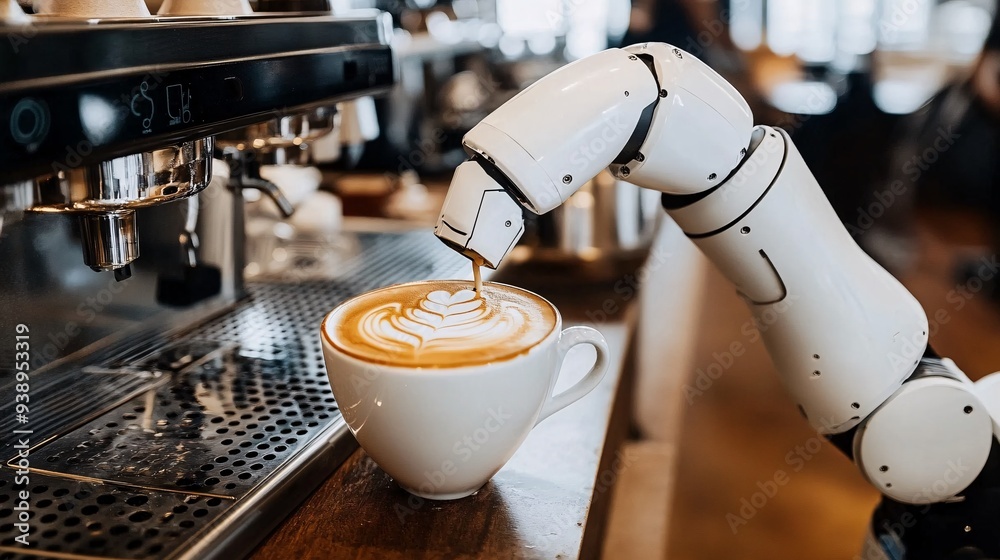 Poster A robot barista preparing and serving a latte in a modern cafe setting highlighting the precision and efficiency of robotic technology in the hospitality industry Stock Photo with copy space