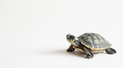 A tiny turtle with its head poking out on a white background, with ample space for text or branding