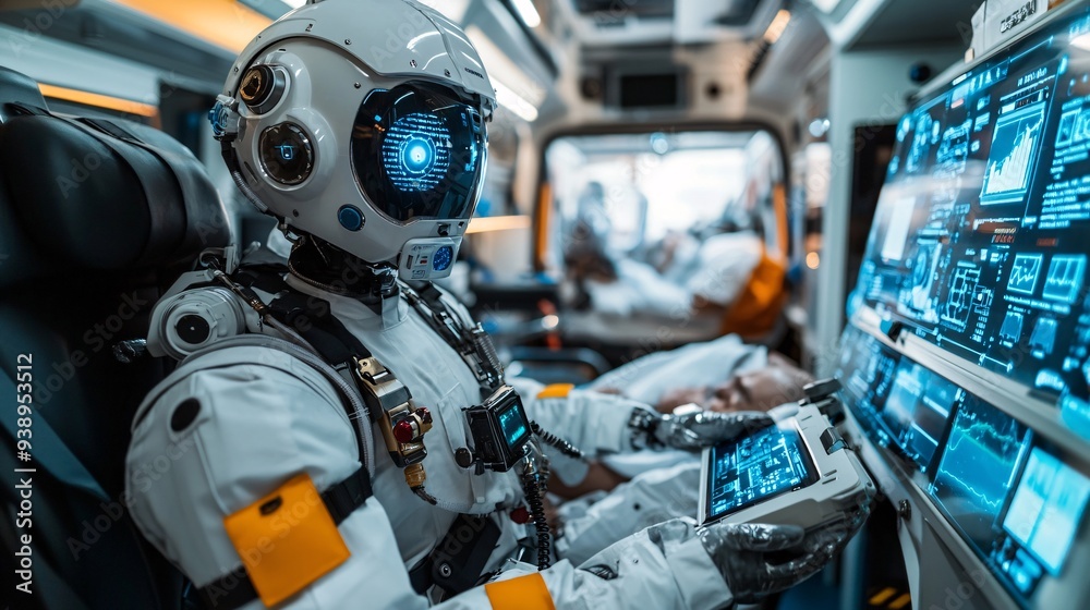Poster a robotic paramedic in full emergency gear providing urgent care to a patient in an ambulance repres