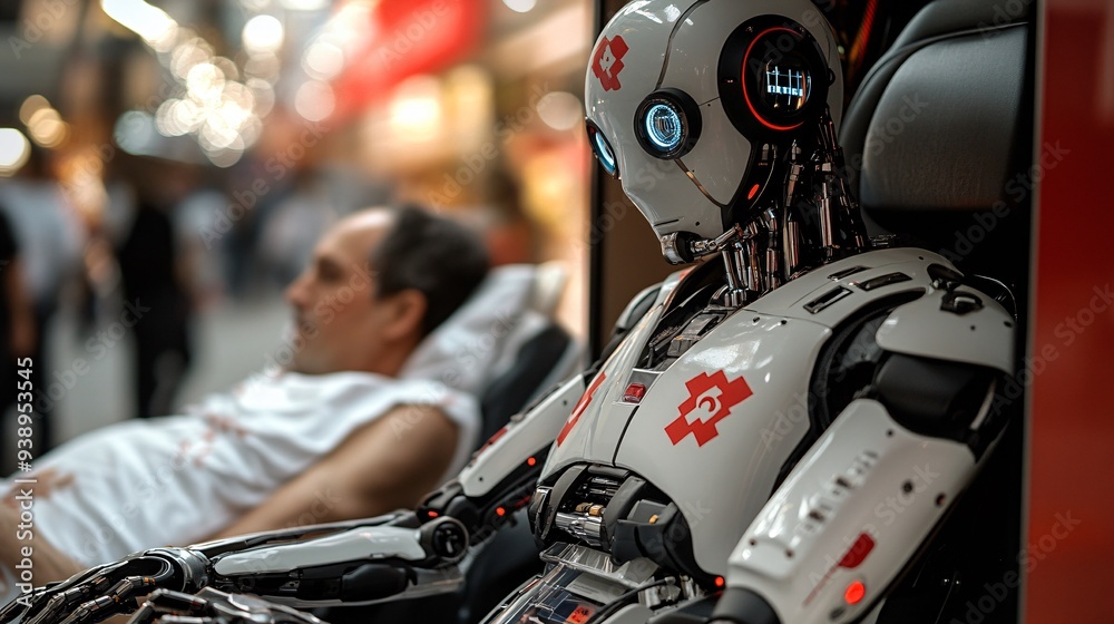 Aufkleber a robotic paramedic in full emergency gear providing urgent care to a patient in an ambulance repres