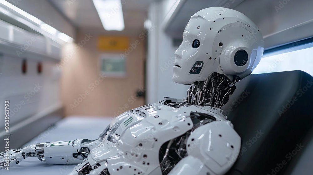 Poster A robotic first responder in paramedic attire performing emergency procedures inside an ambulance emphasizing the efficiency and reliability of robotic assistance in critical care Stock Photo with