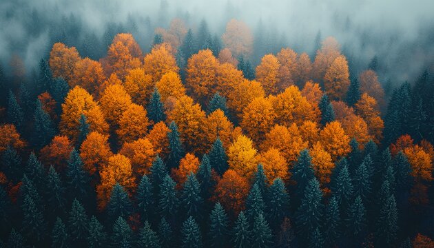 pine forest during fall and autumn time shot from bird's eye view to signify the changing of seasons. red, orange and green moody forest with fog for a campaign concerning the preservation of forests