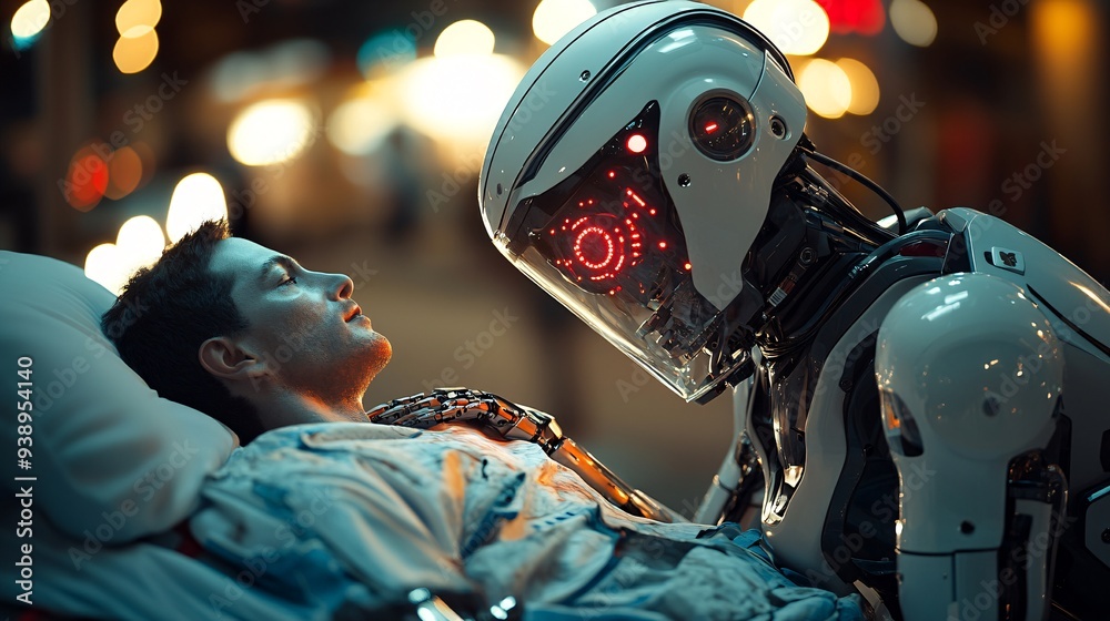 Poster a robot paramedic dressed in emergency gear treating a patient on the scene of an accident showcasin