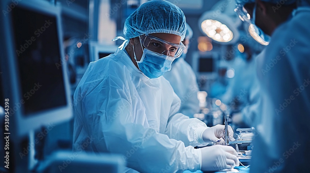 Poster A robotic surgeon in full scrubs performing a detailed and complex operation with precision tools under the supervision of medical professionals in a cutting-edge operating room Stock Photo with copy