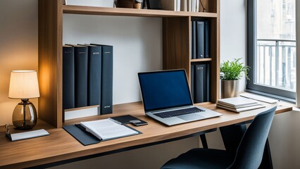 Wooden work desk with laptop and documents, books, modern interior of cozy cabinet, table for businessman or student at home, comfortable workspace, workplace with computer in apartment