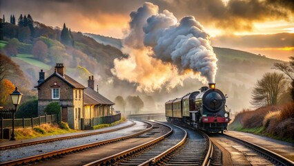 Railway train slowly exits station platform, billowing steam and smoke into the foggy morning air as it embarks on its scenic journey through countryside.