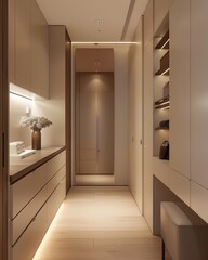 Fototapeta premium A modern minimalist dressing room with an emphasis on functionality and storage, featuring sleek white cabinets
