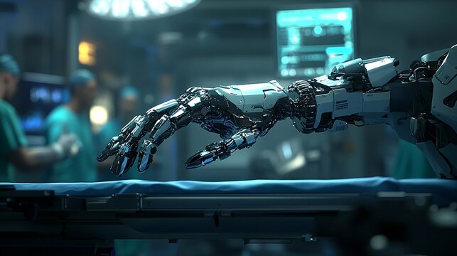 A robot surgeon meticulously carrying out a delicate procedure with human doctors observing in a state-of-the-art surgical environment showcasing the future of surgery Stock Photo with copy space