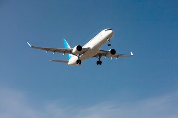 Obraz premium Bright Commercial Airplane Ascent in Clear Sky Over Blank Space