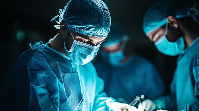 A robot surgeon meticulously carrying out a delicate procedure with human doctors observing in a state-of-the-art surgical environment showcasing the future of surgery Stock Photo with copy space