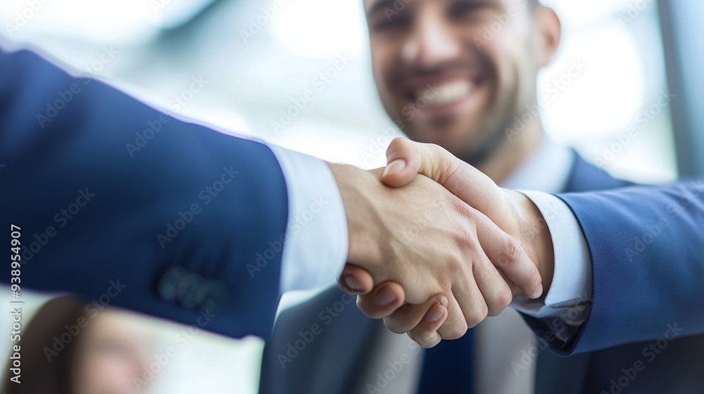 Canvas Prints Portrait of a smiling young manager shaking hands with a new employee, symbolizing teamwork and a positive work environment