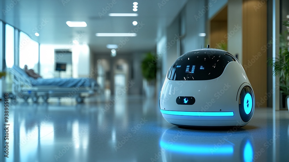 Poster a futuristic nursebot in a uniform caring for a patient in a sleek high-tech hospital room combining