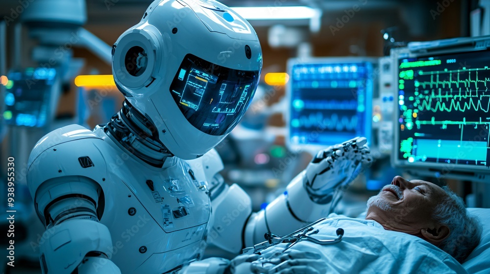 Poster a futuristic nursebot in a uniform caring for a patient in a sleek high-tech hospital room combining
