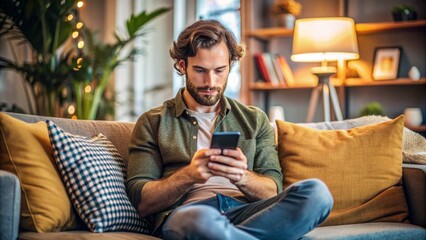 Obraz premium Relaxed individual sitting on a couch in a cozy living room, intently gazing at their smartphone with a mix of curiosity and concern on their face.