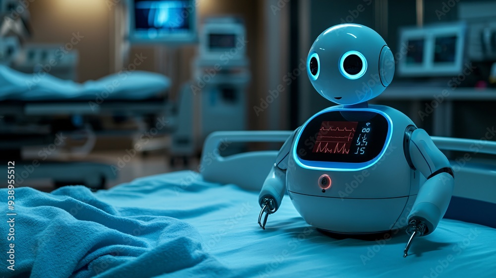 Poster a nursebot monitoring a patients condition in a futuristic medical facility showcasing the advanced 