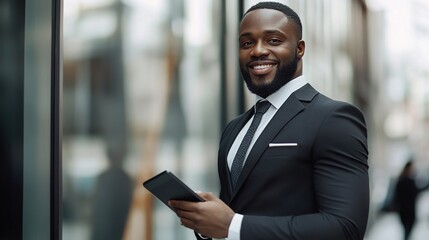 Fototapeta premium Portrait of a successful entrepreneur with a digital device, confident and professional