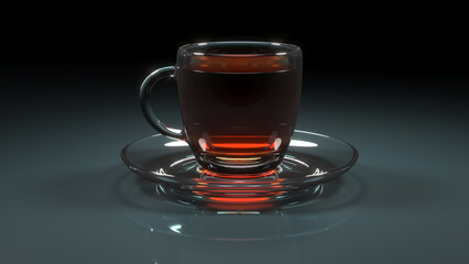 Close-up of realistic glass cup of tea and saucer. 3d illustration on dark background