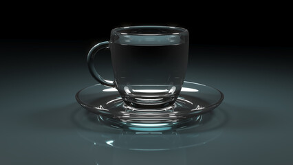 Close-up of realistic glass cup of water and saucer. 3d illustration on dark background
