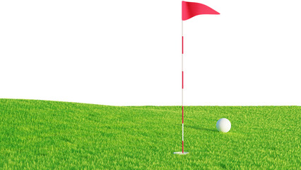 golf ball on green grass field one hole and red flag 3D rendering