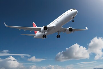 Obraz premium Sleek White 3D Airplane Taking Off for Travel Visualization