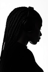 Black woman with long braids, wearing sportswear and headphones. Femme noire avec de longues tresses, portant une tenue de sport et des &eacute;couteurs.