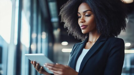 Positive African American businesswoman using a digital tablet, representing modern technology and success
