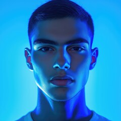 Full face portrait of a male, futuristic look and clothes, white and blue gel light. Portrait de face d'un homme, cheveux courts d&eacute;color&eacute;s sur le c&ocirc;t&eacute;, lumi&egrave;re bleue.