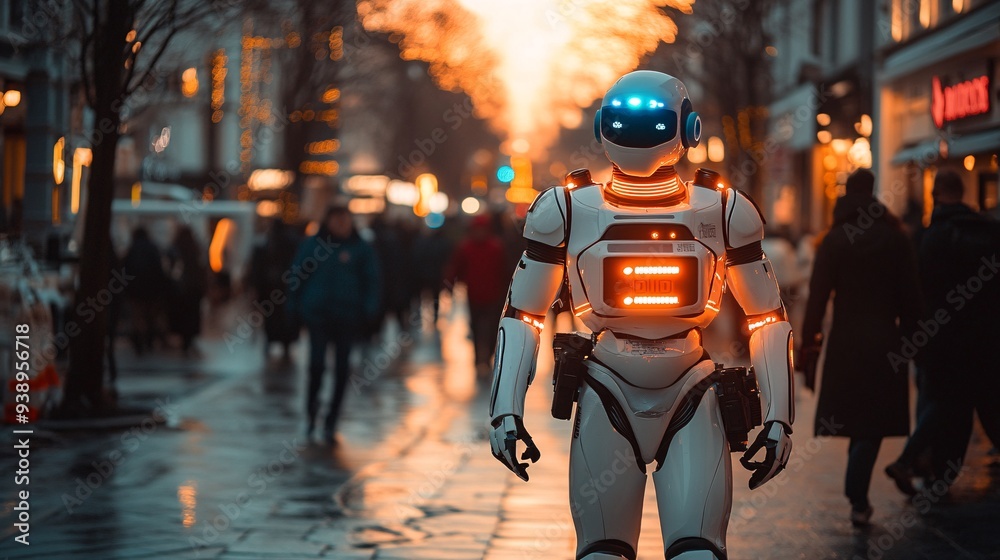 Poster A cyber cop robot patrolling the streets of a futuristic city using advanced sensors and cameras to monitor for criminal activity and ensure public safety Stock Photo with copy space