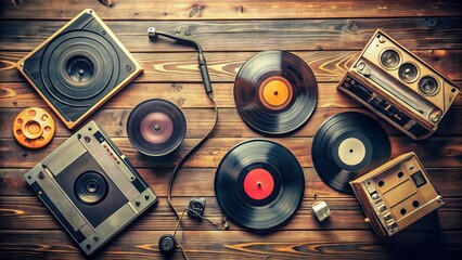 Retro-style vinyl records and vintage music equipment scattered on a wooden table, surrounded by nostalgic album covers and worn out cassette tapes.