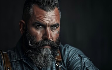 Fototapeta premium An intense portrait of a bearded man with striking features, dressed in denim, and showcasing elaborate facial hair, taken indoors under dramatic lighting in the early evening