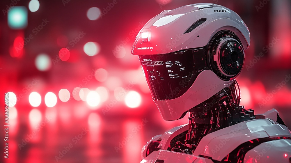 Aufkleber A cyber cop robot patrolling the streets of a futuristic city using advanced sensors and cameras to monitor for criminal activity and ensure public safety Stock Photo with copy space