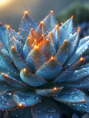 Fototapeta premium Close-up of a stunning succulent covered in droplets of water with shimmering highlights, captured in a soft light setting, showcasing intricate details and vibrant colors in nature's beauty
