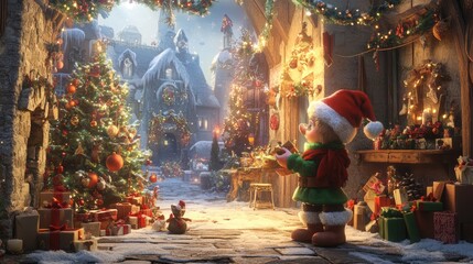 Obraz premium A Christmas Elf Delivers Gifts in a Snowy Village