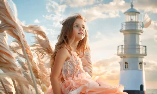 A little girl playing in soft breezes near a lighthouse during golden hour
