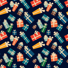 Blue Retro Christmas pattern with gift boxes. vintage Christmas festive pattern.