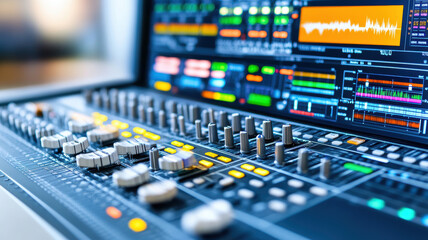 音響スタジオのミキシング機材。Generative AI